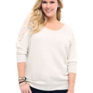 Oatmeal Lace Inset Shoulder Pullover Sweater 2x